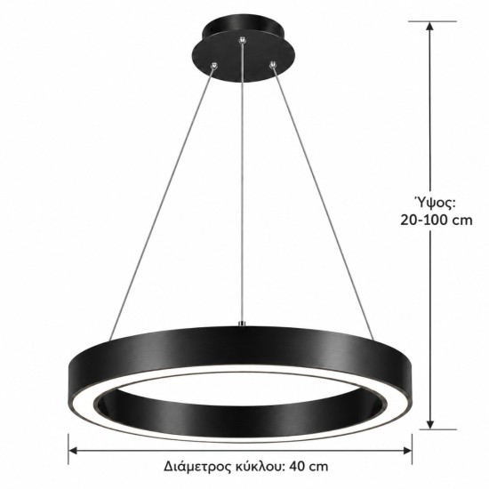 LED Κρεμαστό Φωτιστικό Μαύρο 30W Ø40cm N.303
