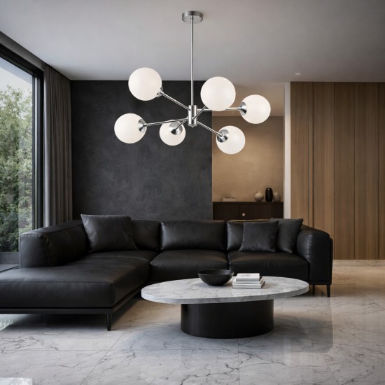  Kρεμαστό Φωτιστικό Σαλονιού N.101  Marili – Χρώμιο Πολύφωτο 6Φ με Οπάλινες Μπάλες Ø15cm