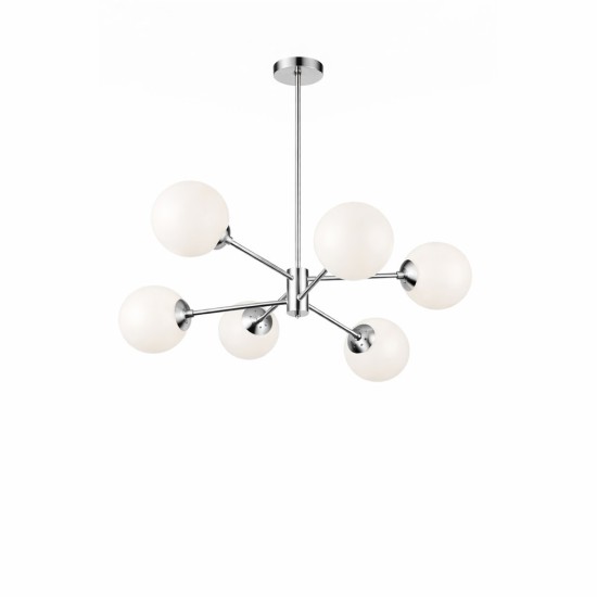  Kρεμαστό Φωτιστικό Σαλονιού N.101  Marili – Χρώμιο Πολύφωτο 6Φ με Οπάλινες Μπάλες Ø15cm