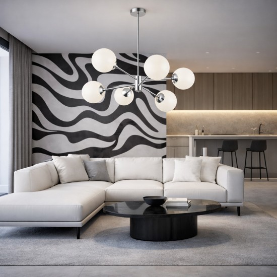  Kρεμαστό Φωτιστικό Σαλονιού N.101  Marili – Χρώμιο Πολύφωτο 6Φ με Οπάλινες Μπάλες Ø15cm