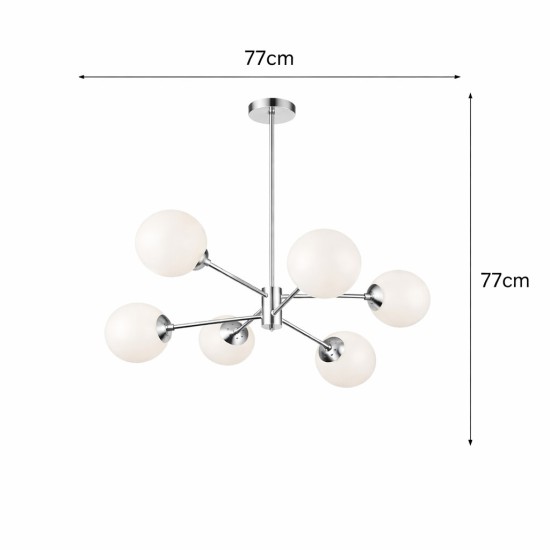  Kρεμαστό Φωτιστικό Σαλονιού N.101  Marili – Χρώμιο Πολύφωτο 6Φ με Οπάλινες Μπάλες Ø15cm