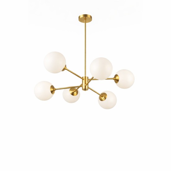  Κρεμαστό Φωτιστικό Σαλονιού N.101 – Χρυσό ματ Πολύφωτο 6Φ με Οπάλινες Μπάλες Ø15cm