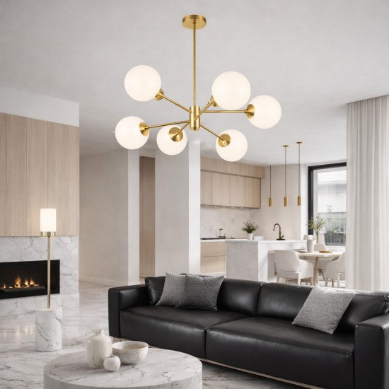  Κρεμαστό Φωτιστικό Σαλονιού N.101 – Χρυσό ματ Πολύφωτο 6Φ με Οπάλινες Μπάλες Ø15cm